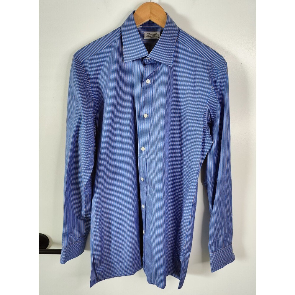 Charvet Paris Dress Shirt Mens Size Large 15.5 Blue Stripe Cotton Made in France